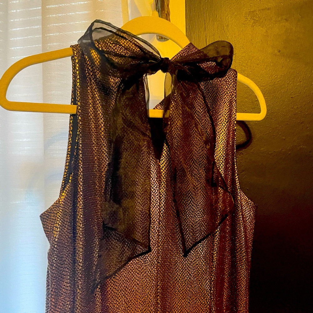 Petite L Signature by Robbie Bee gold snakeskin black chiffon ribbon swing dress